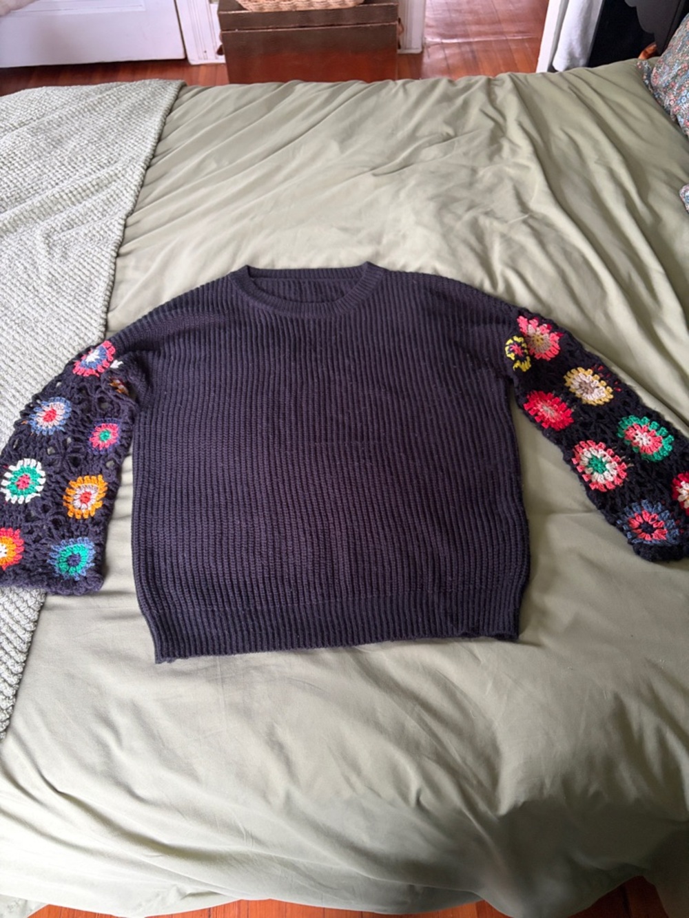 Black Crewneck Sweater with Multicolor Crochet Sleeves